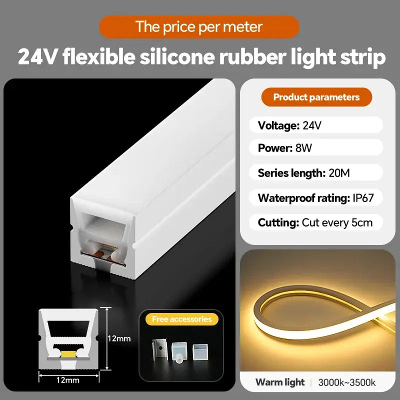 24VLED Silicone Light Strip Sleeve Outdoor Waterproof Linear Light Open Hidden Embedded Flexible Bendable Shaped Light Strip from PriceLows™