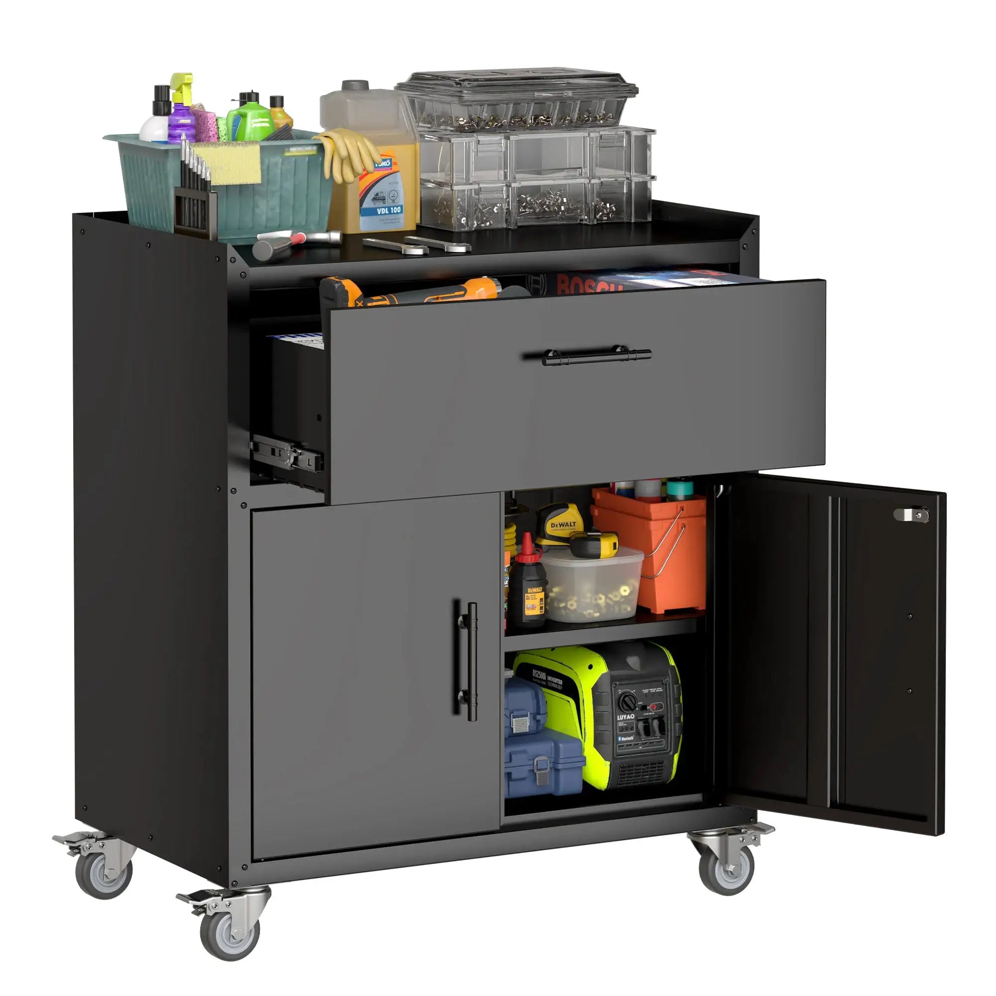 2 Door + 1 Drawer Tool Cabinets for Garage, Lockable Garage Storage Cabinet, Locking Metal Storage Cabinet with Wheels, Rolling Tool Chest, Assembly Required H35.4*W30.3*D18 from PriceLows™