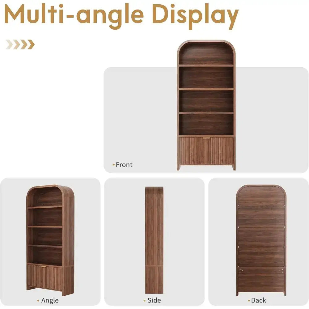 70 Tall 5-Tier Walnut Arched Bookshelf with Carved Details, Ideal for Display and Storage in Living Room, Bedroom or Home Office from PriceLows™