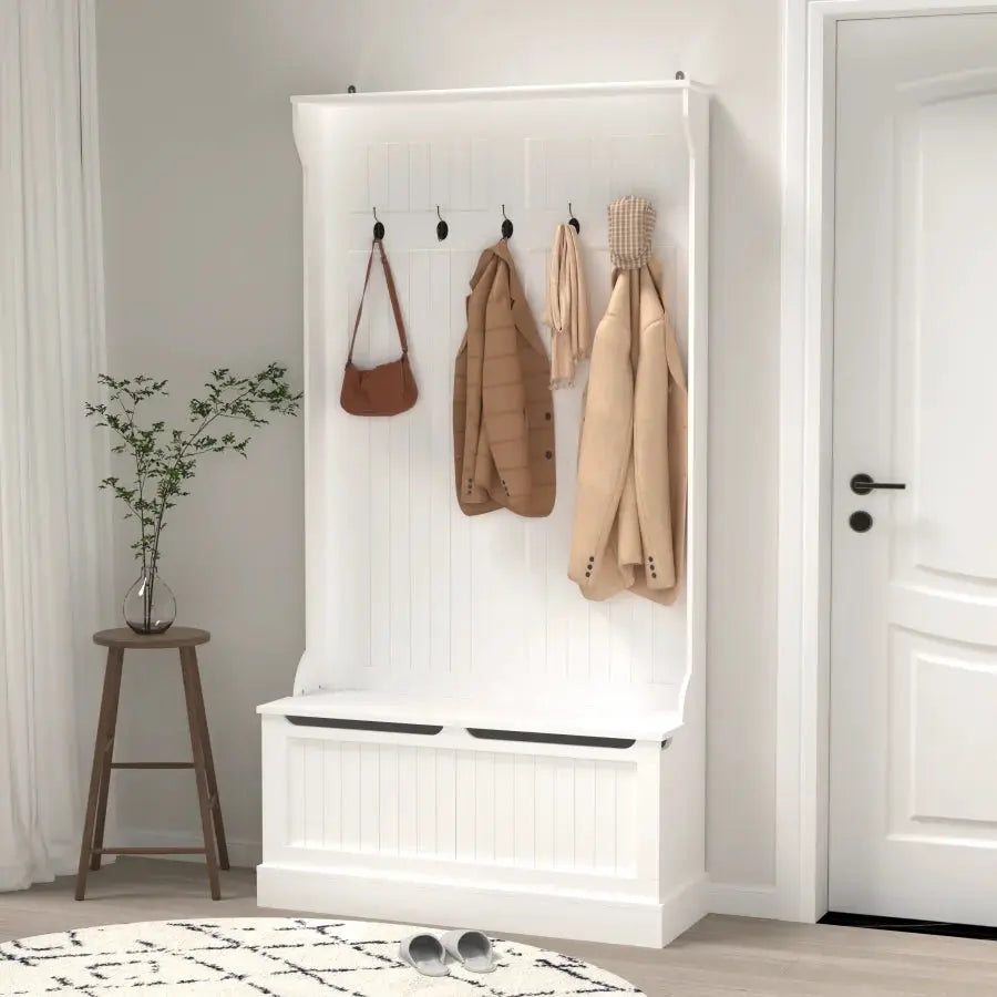 Entryway Bench with Standing Coat Rack Hall Tree with Shoe Storage Bench Entryway Organizer with 5 Hooks White from PriceLows™