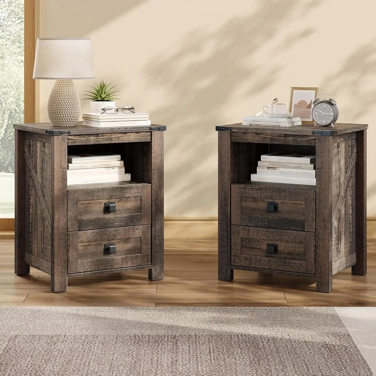 Farmhouse Nightstand Set of 2, Wooden Side Table with Drawers & Open Shelf, Narrow/Small Bedside End Table, Wood Night Stand for Bedroom/Dorm/Home Office, Rustic Black Oak from PriceLows™