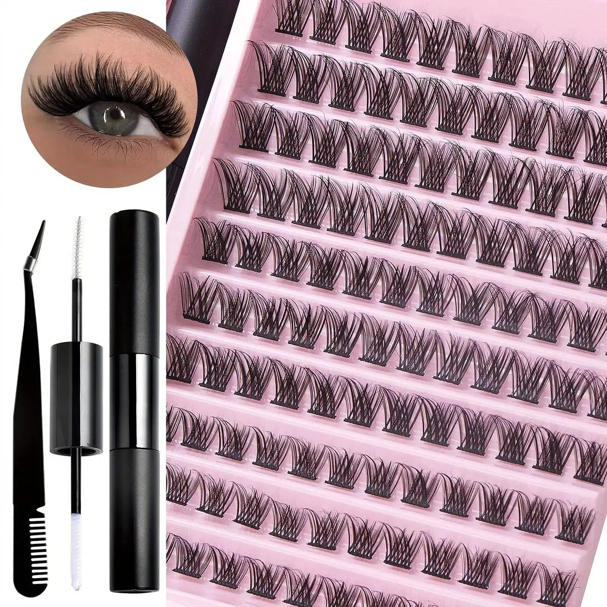 Lash Extension Kit | Waterproof Bond | Synthetic Thick Clusters | 1Cm Length
