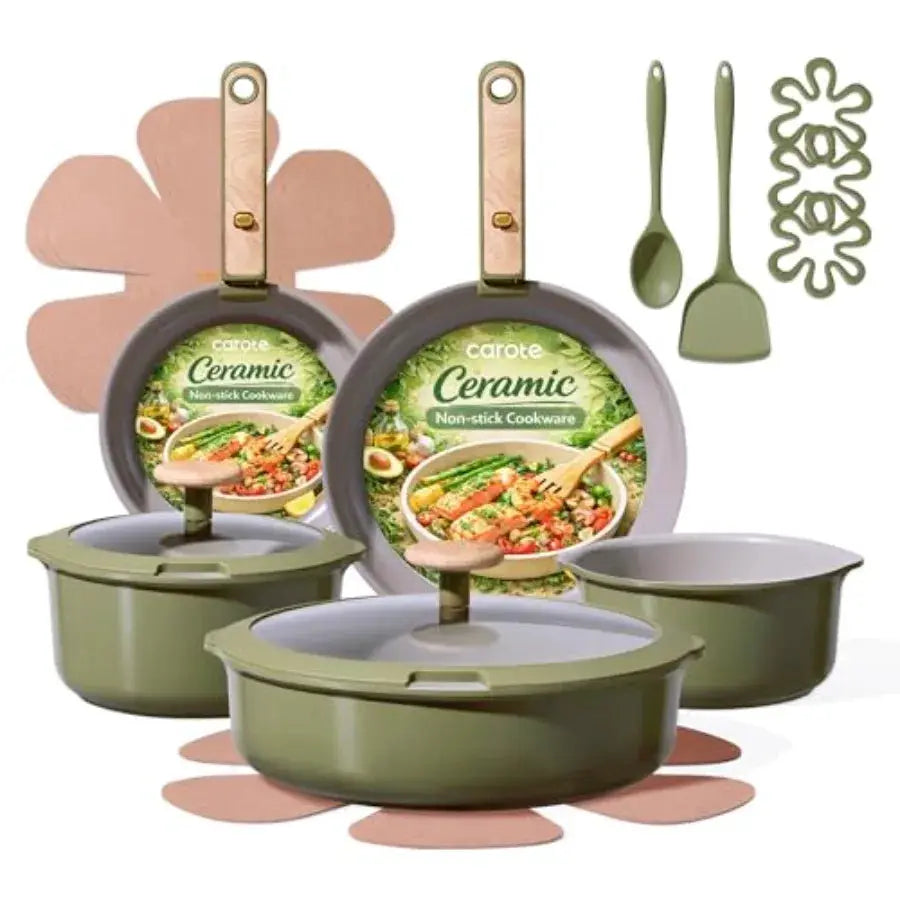 18Pcs Ceramic Cookware Set with Detachable Handle, Pots and Pans Set Non Stick, Non Toxic Cookware Set Removable Handles, Induc from PriceLows™