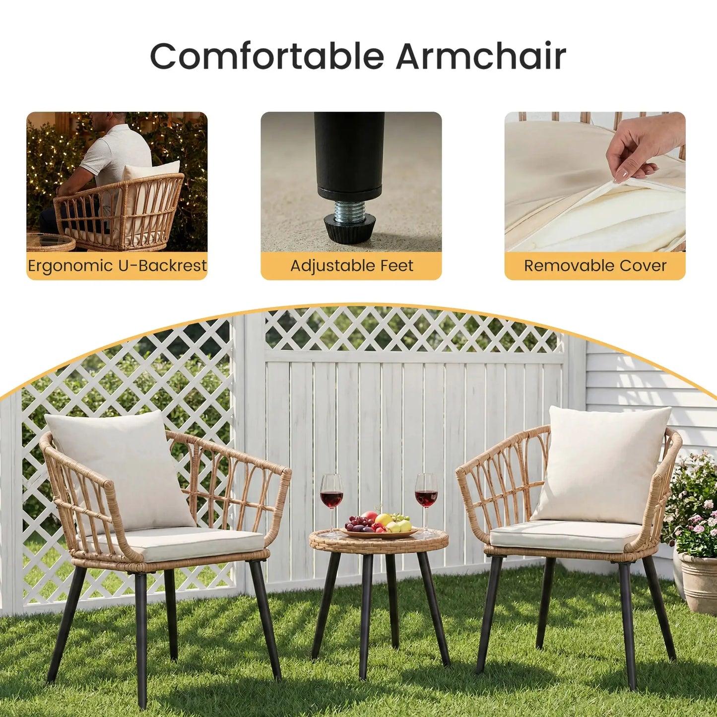 JHK 3 Pieces Wicker Patio Outdoor Set with Soft Cushion and Glass Steel Frame Table Manual Weaving Patio Chairs For Garden Lawn from PriceLows™