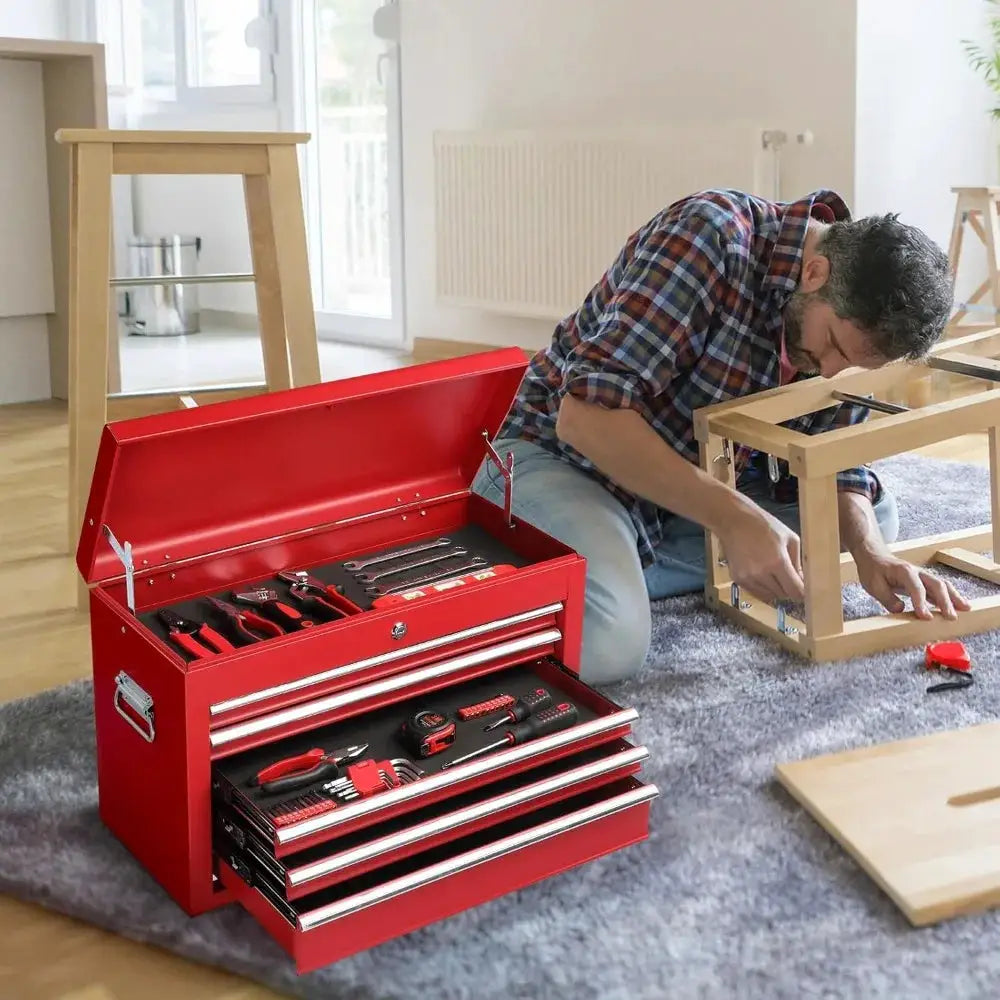 24-Inch Portable Toolbox Featuring 5 Drawers And a Top Storage Tray, a Lockable Metal Tool Chest Cabinet Suitable for Garages, Warehouses, Repair Shops, And Homes, in Red from PriceLows™