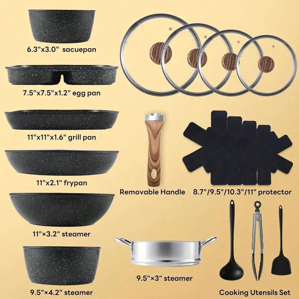 17 Pcs Pots And Pans, Kitchen Cooking Set With Stay-Cool Handles,Kitchen Induction Cookware Suit With Detachable Handle, Black from PriceLows™