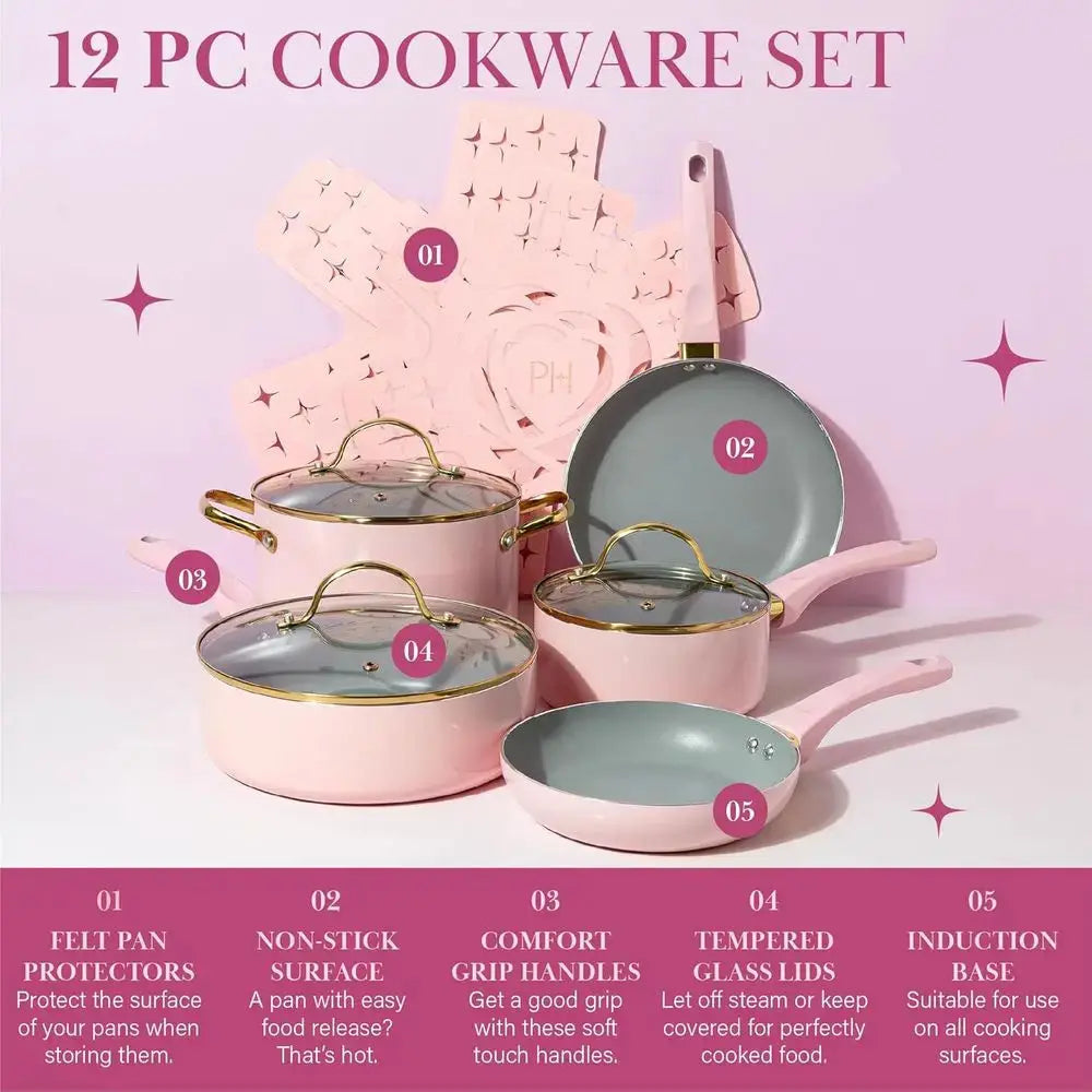 12-Piece Pink Nonstick Cookware Set with Tempered Glass Lids and Cool Handles from PriceLows™
