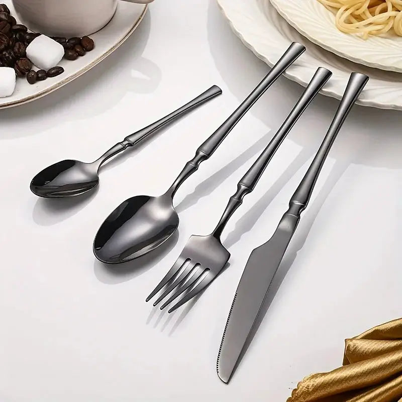 40/60-piece black stainless steel cutlery set, mirror polished, including dinner forks, steak knives, and soup spoons, suitable from PriceLows™