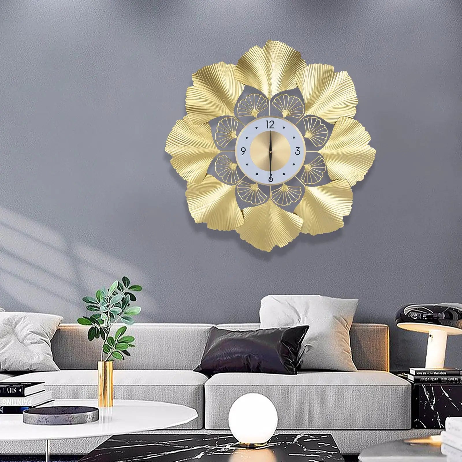 Ginkgo Biloba Wall Clock 70cm Large Nordic Light Luxury Design, White Gold Iron Silent Non-Ticking Battery Operated Living Room from PriceLows™