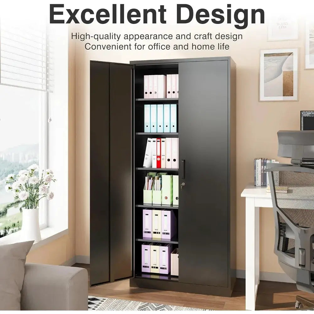 Metal Storage Cabinet with 2 Doors and 6 Shelves,72x36x18 Wide & Deep Garage Storage Cabinet,Tall Black Locking Metal Cabinets from PriceLows™