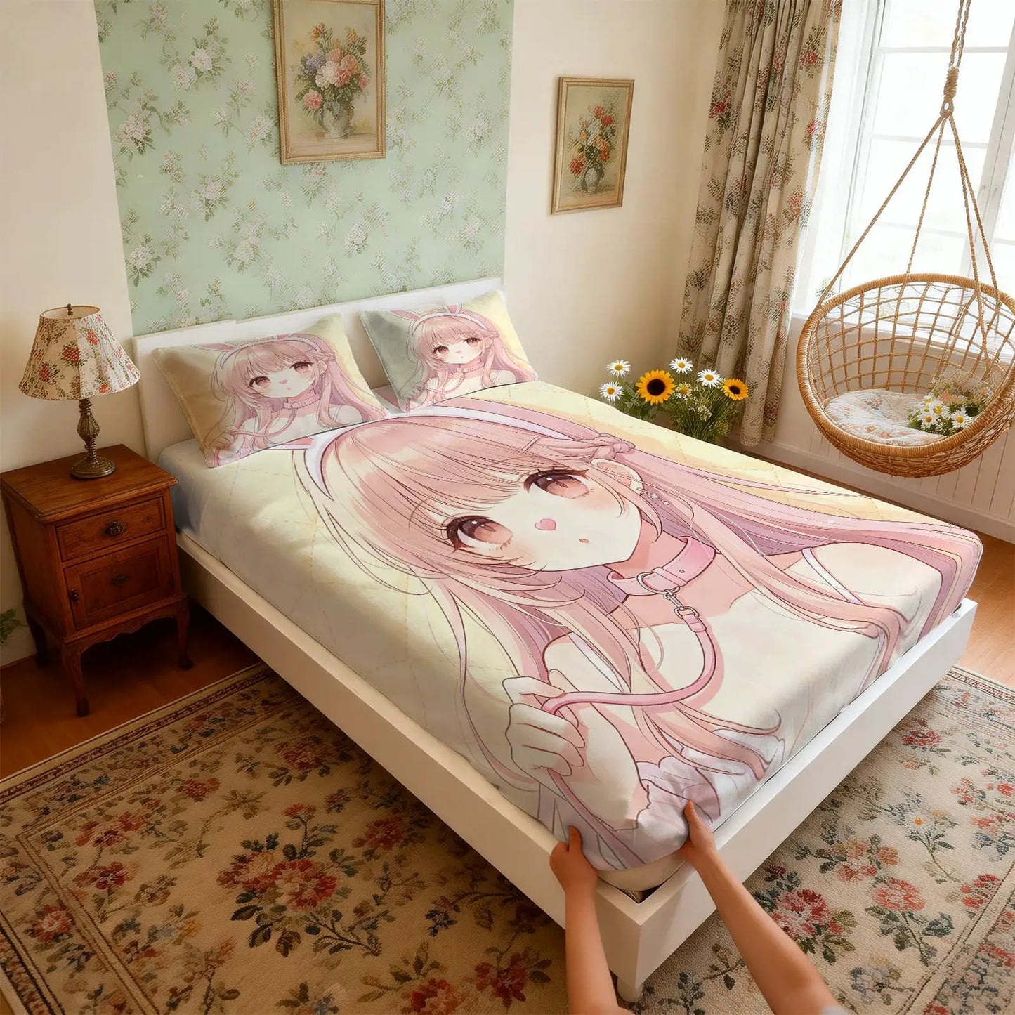 Cute Anime Bunny Girl Print Fitted Sheet Set Bed Sheet Set Bedding Set No Fillers Deep Pocket For Teen Bedroom from PriceLows™