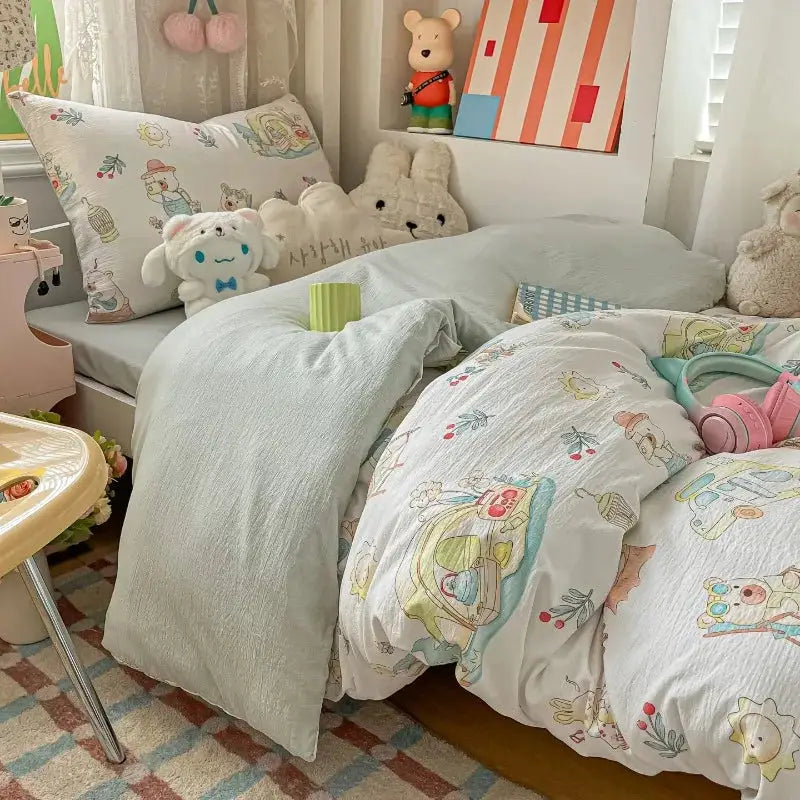 Cartoon color plaid bed sheet four-piece set student cute soft quilt cover dormitory three-piece set from PriceLows™