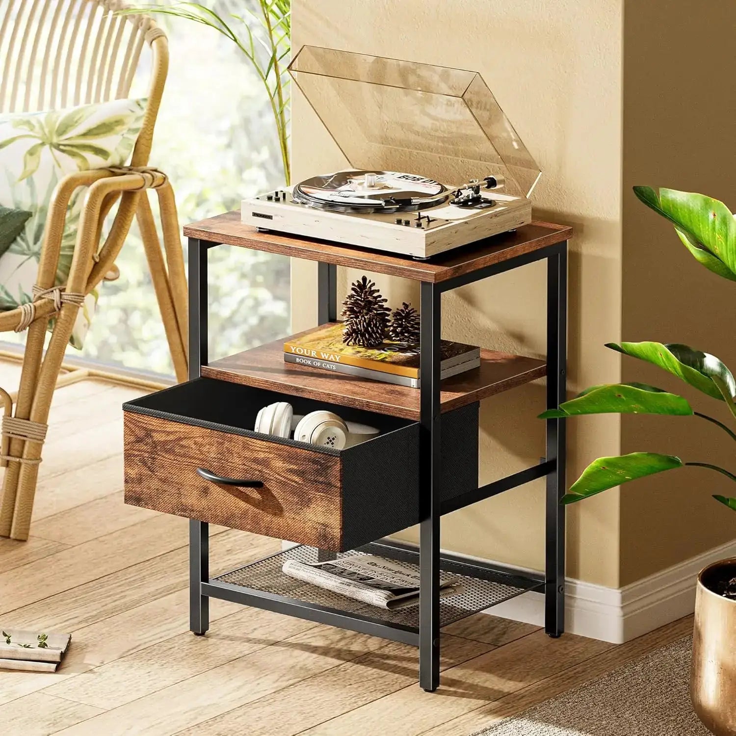 Nightstand Set of 2 with Fabric Drawer and Mesh Shelf, Side Table for Bedroom, Rustic Brown from PriceLows™