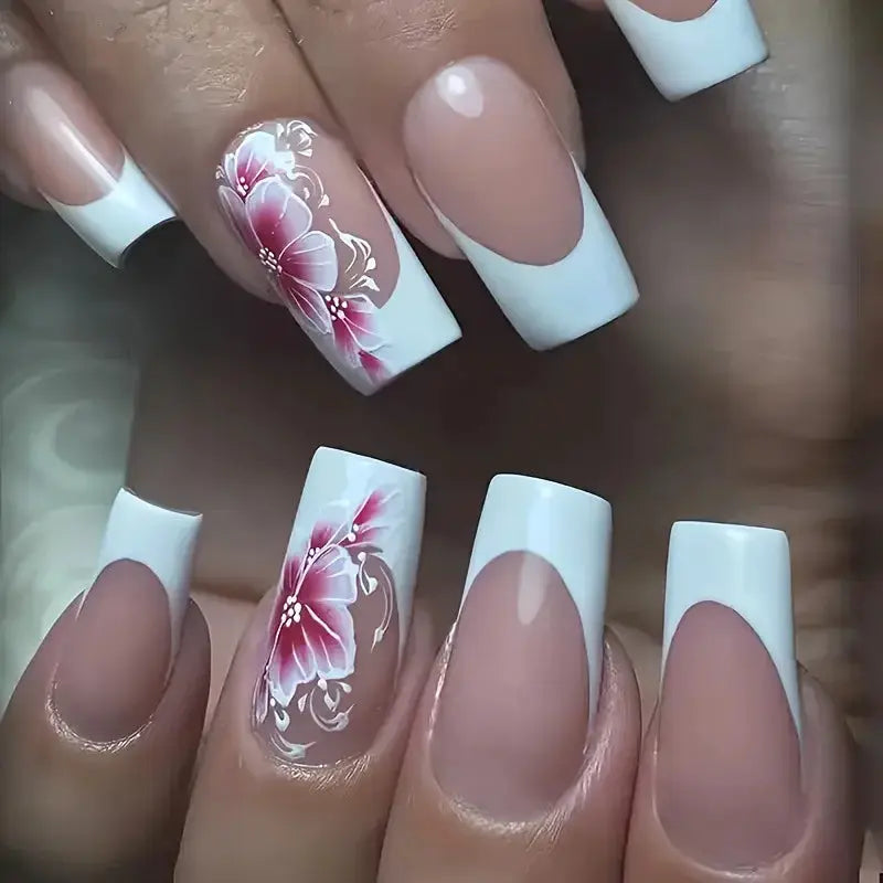 Press On Nails | Resin Coffin Shape | French Floral Print | 24 Pieces