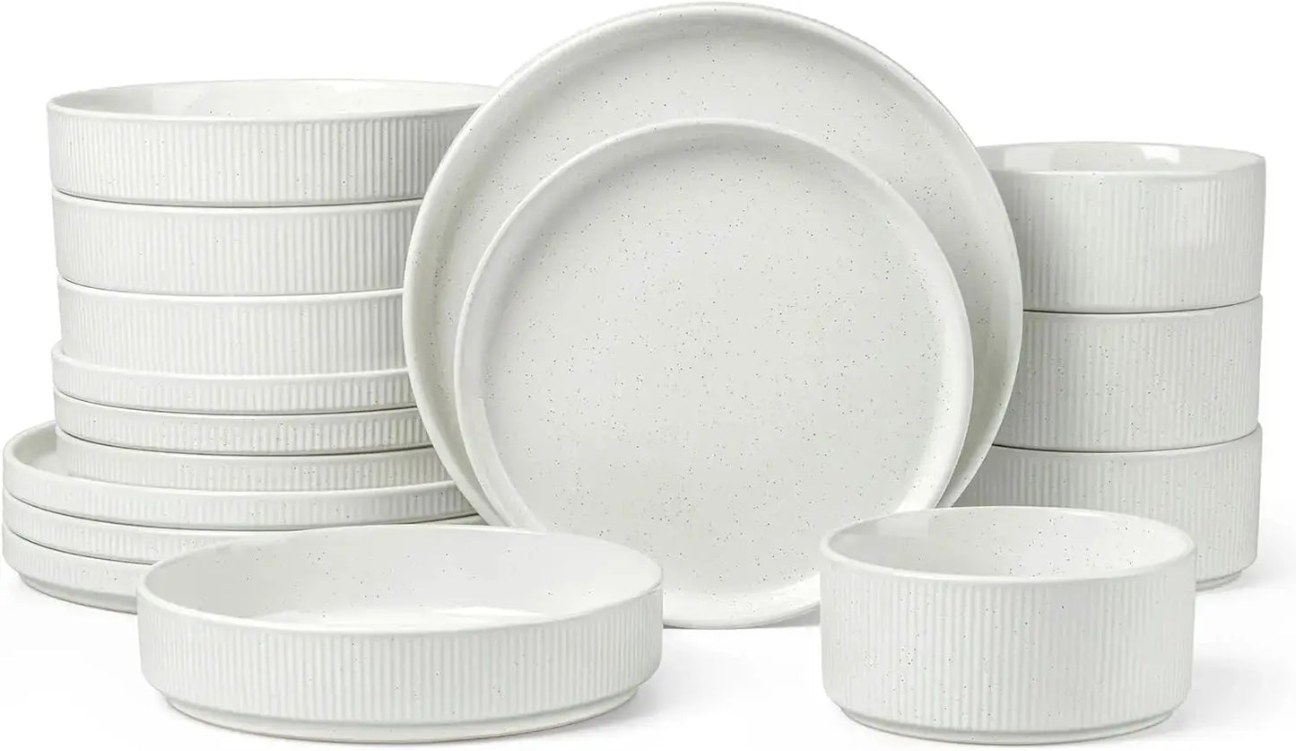 Dinnerware Sets with Pasta Bowls for 4, 16 Piece Stoneware Plates and Bowls Set, Speckled White from PriceLows™