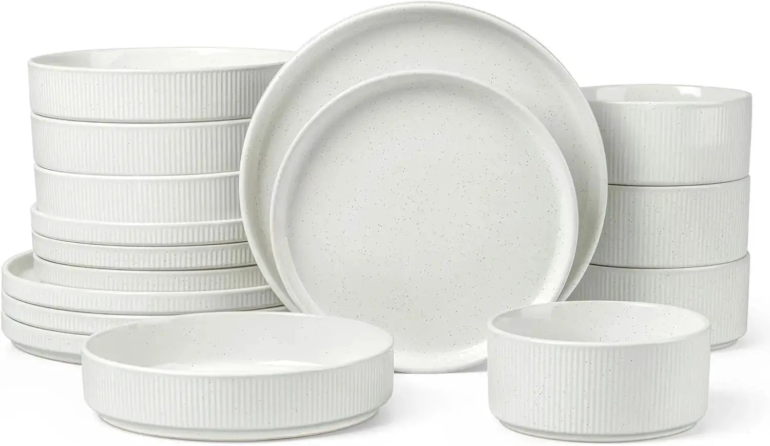Dinnerware Sets with Pasta Bowls for 4, 16 Piece Stoneware Plates and Bowls Set, Speckled White from PriceLows™