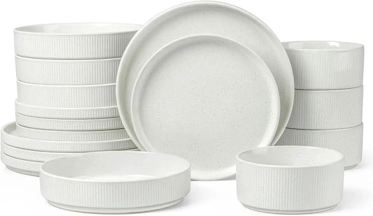 Dinnerware Sets with Pasta Bowls for 4, 16 Piece Stoneware Plates and Bowls Set, Speckled White from PriceLows™