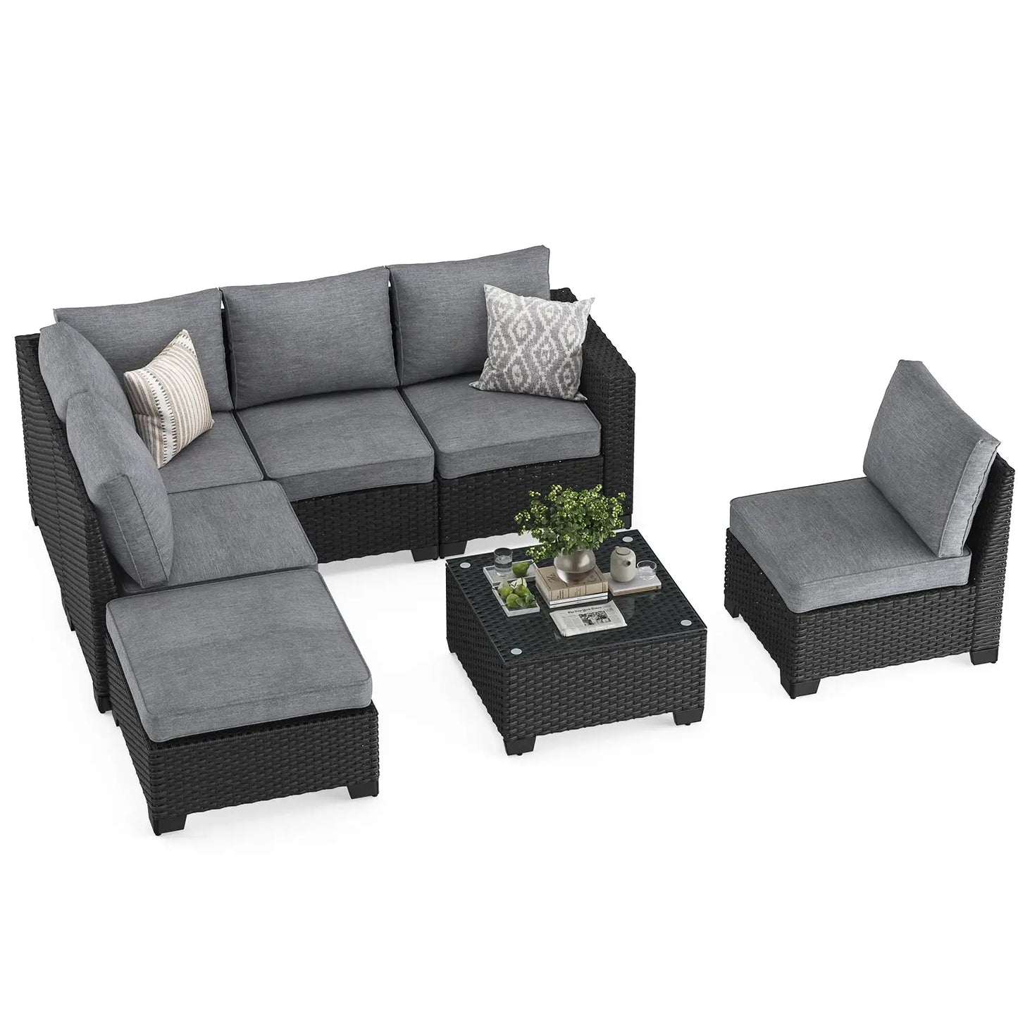 Farini Patio Sectional Sofa Set, Outdoor Furniture with Ottoman, Water/Oil/Stain-Resistant Fabric, Dark Gray Cushion + Gray Wick from PriceLows™