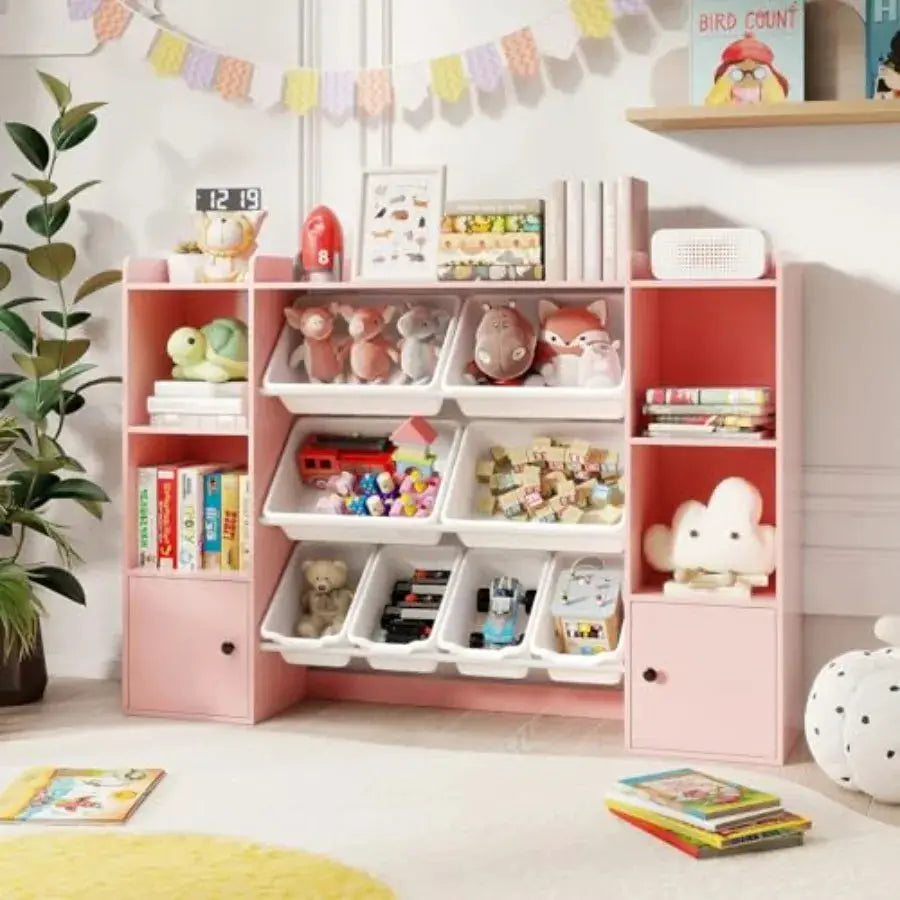Toy Storage Organizer with 8 Bins Wooden Toddler Bookcase with Open Shelves Cabinet in Natural Wood Color Multifunctional Toy S from PriceLows™
