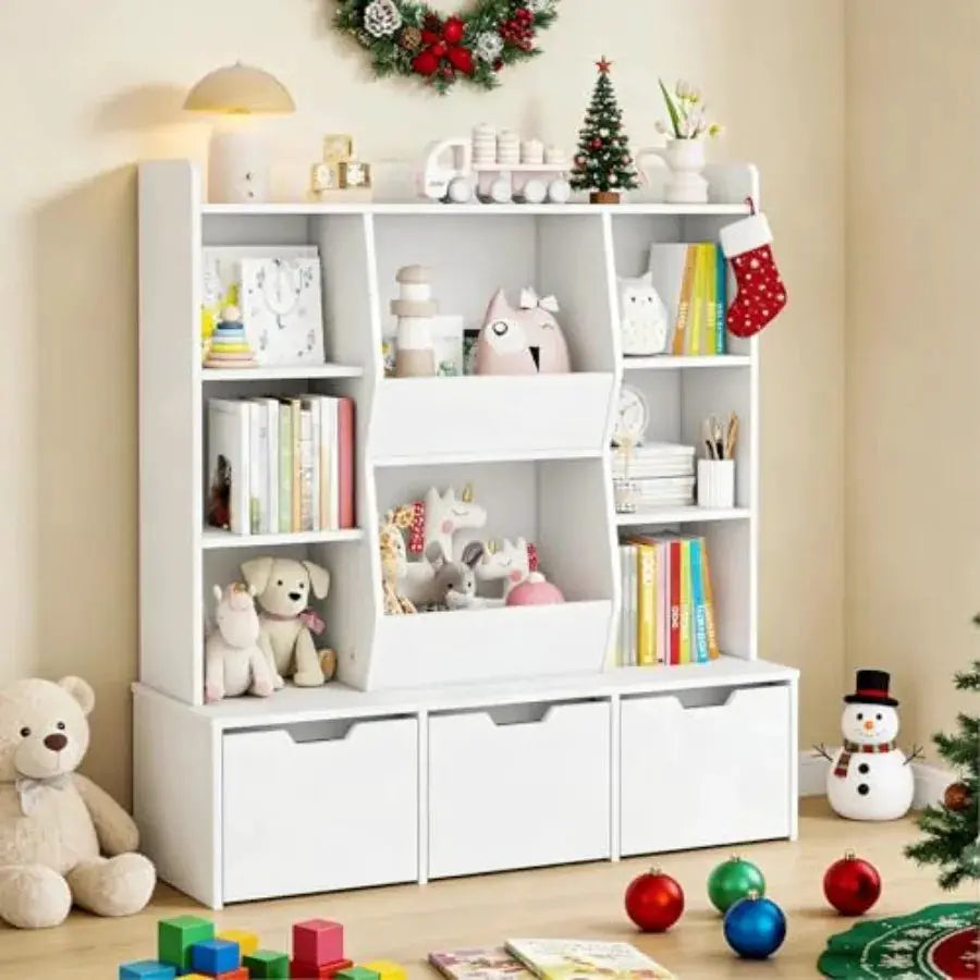47 Toy Storage Organizer Large Bookcase with 3 Movable Drawers 8 Storage Cubbies Multi-Functional Bookshelf for Playroom Living from PriceLows™