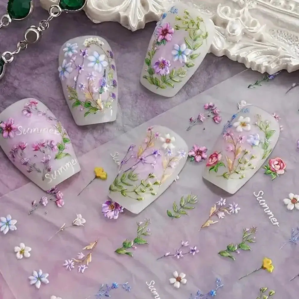 1pc Flower Nail Stickers Summer Floral Leaf Plant 5D Embossed Nail Slider Decals Self-Adhesive Nail Art Supplies Manicure Decor from PriceLows™