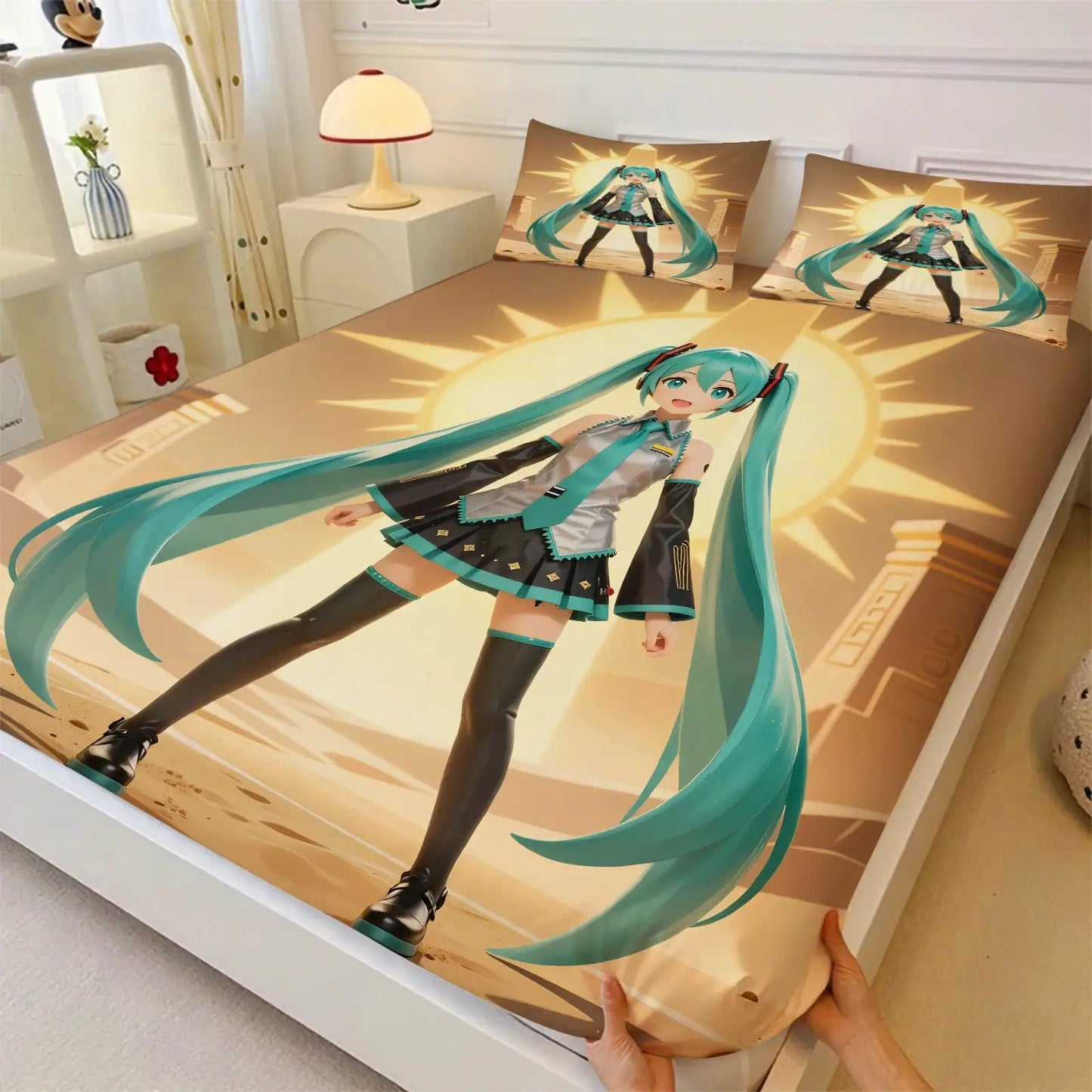 3Pcs Hatsune Miku Fitted Sheet Set with 2 Pillowcases Ink Wash Temple Anime Bedding Set Soft Deep Pocket for Fan Bedroom Decor from PriceLows™