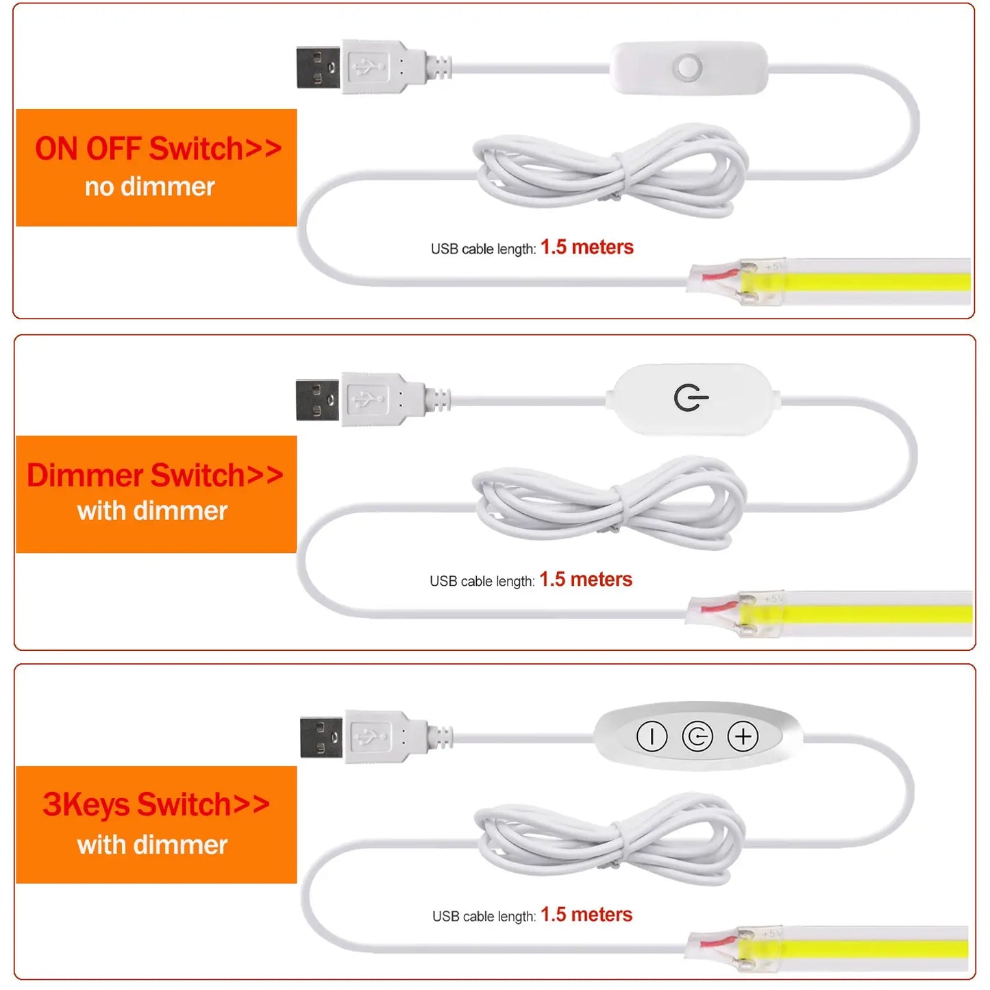Dimmable COB LED Strip Light 5V USB Flexible LED Tape with Switch 320LEDs High Density Linear Lighting with Adhesive Tape from PriceLows™
