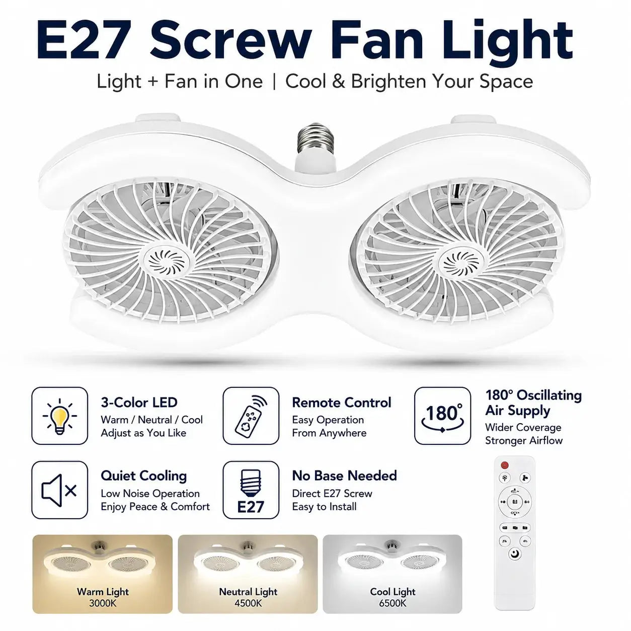 LED Ceiling Fan Light | 60W LED | Remote Control E27 Socket
