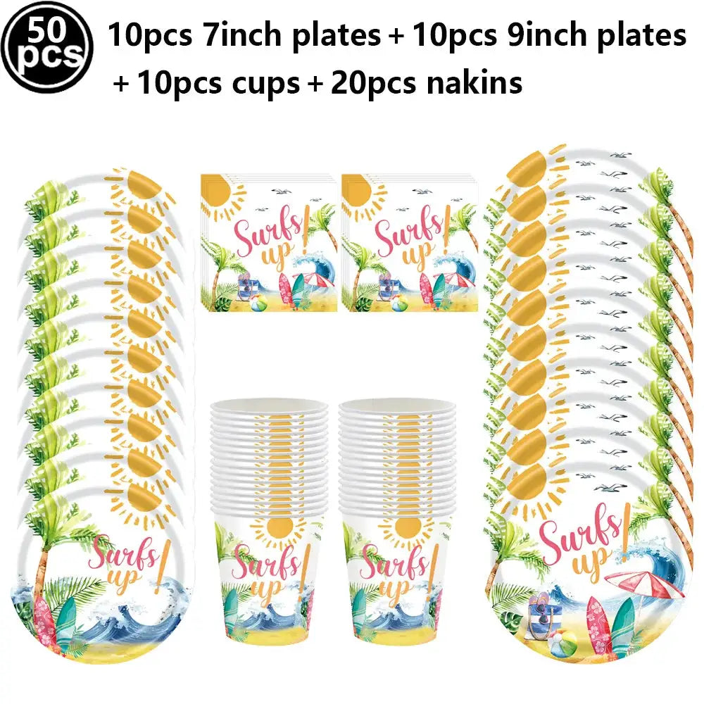 Surf Beach Party Tableware | Paper Plates Napkins Cups | Tattoos And Snack Tray