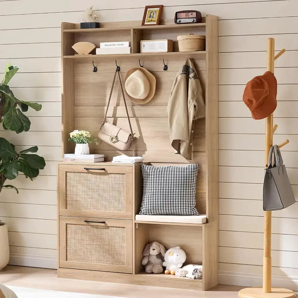 78" Tall Boho Hall Tree with Bench & Shoe Storage, 4-in-1 Mudroom Rattan Coat Rack with 2 Flip Drawers & Cushioned Stool, Entryway Hall Tree Cabinet with 6 Hooks for Garage, Natural Oak from PriceLows™