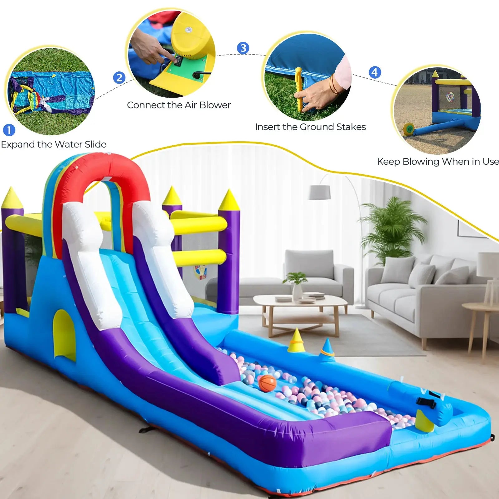 New Oxford cloth 16ft 4.9m Inflatable Water Slide Bounce House w/ Splash Pool & 480W Blower for Kids Party from PriceLows™
