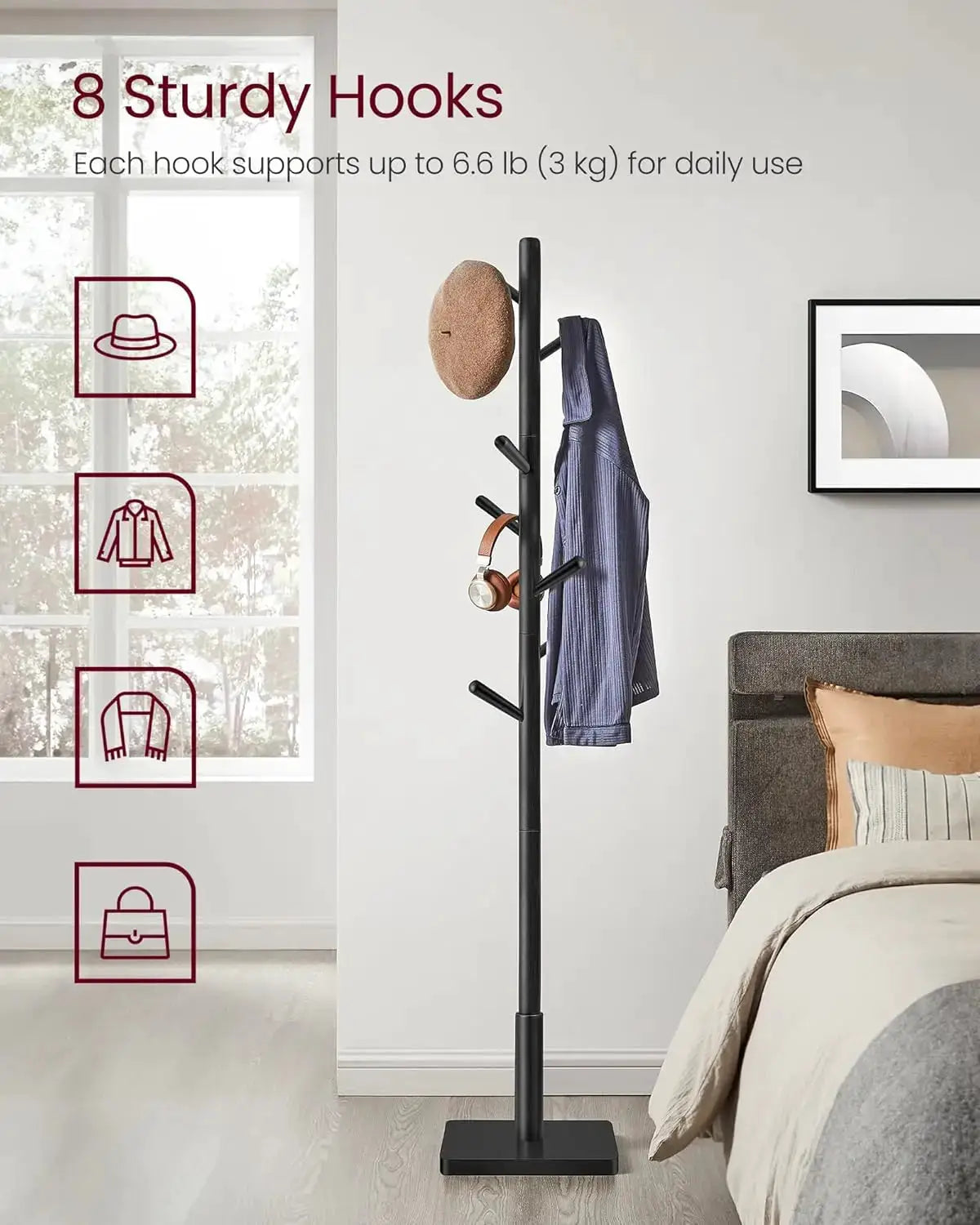 Solid Wood Coat Rack | 8 Freestanding Hooks | 3 Height Options | Rubberwood