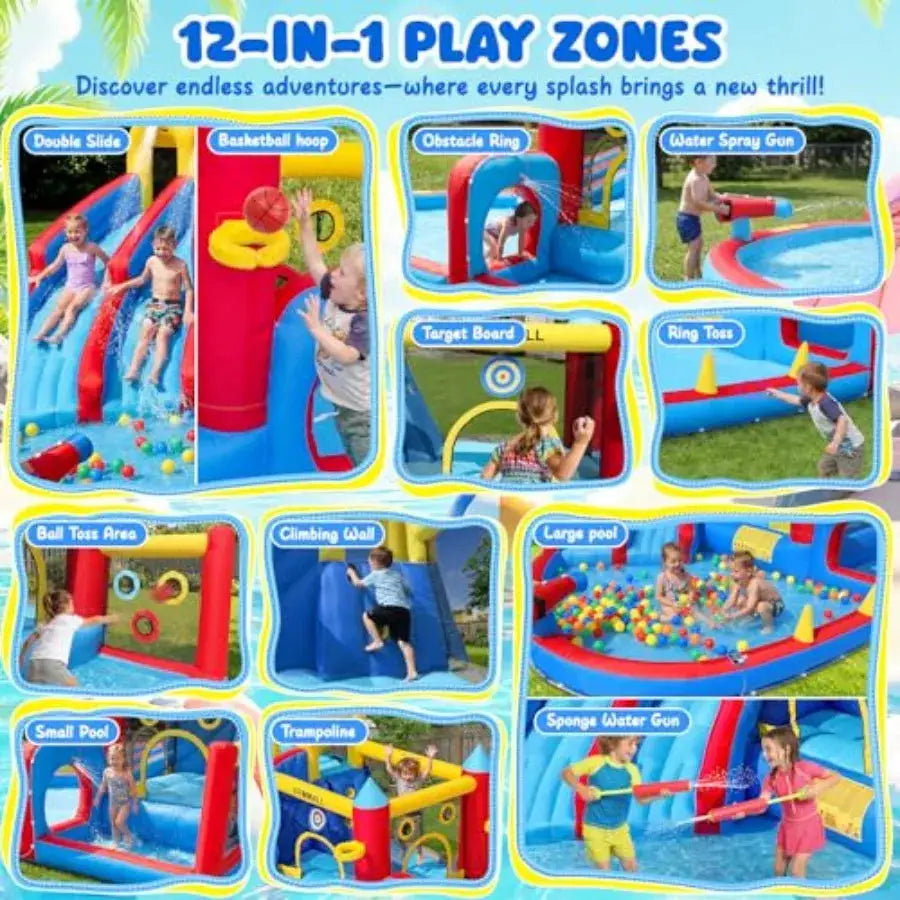 Outdoor and indoor inflatable bounce house with double water slide 620 W blower 12-in-1 waterslide park large pool climbing wal from PriceLows™