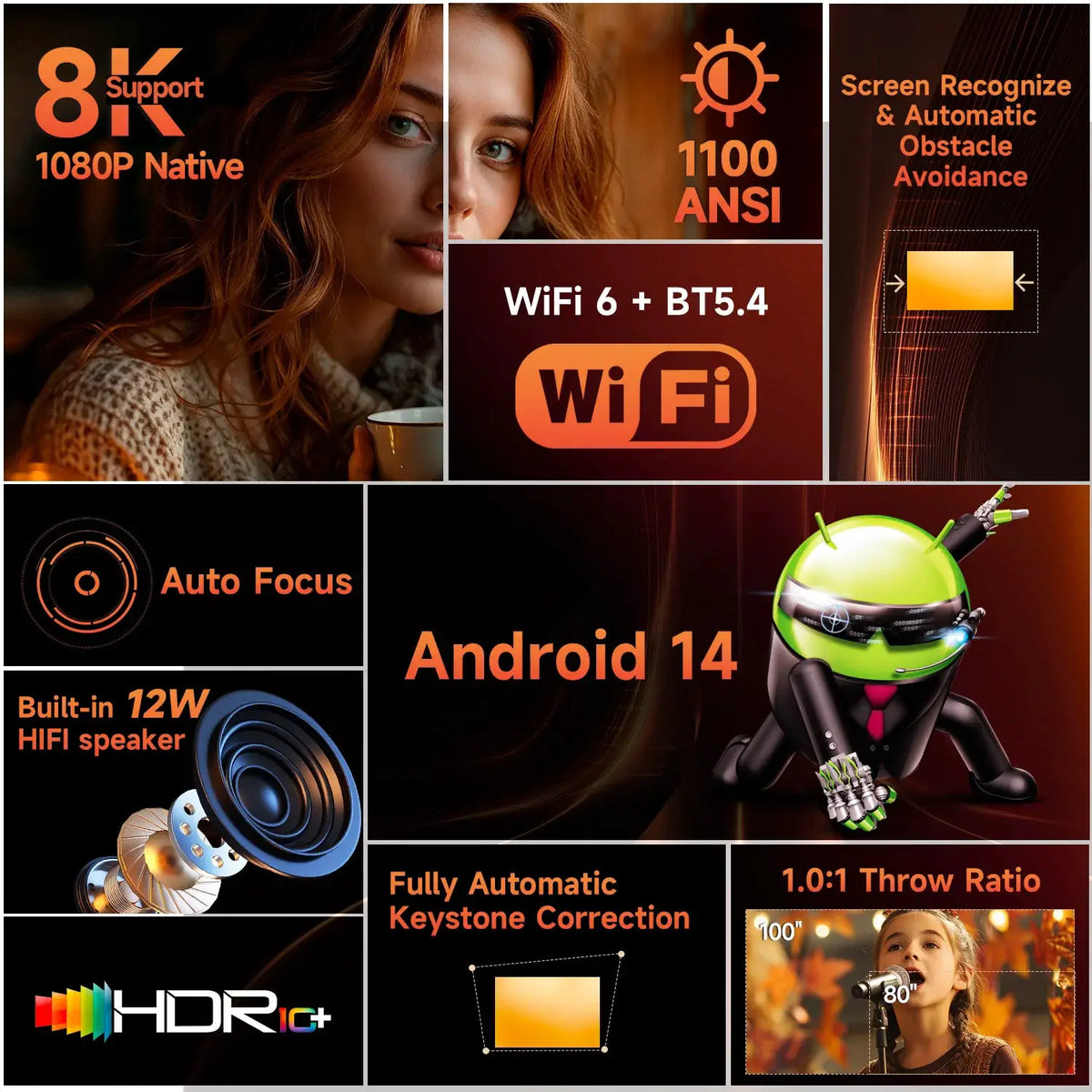 Portable Projector | 1100 Lumens | Auto Focus | Wifi 6