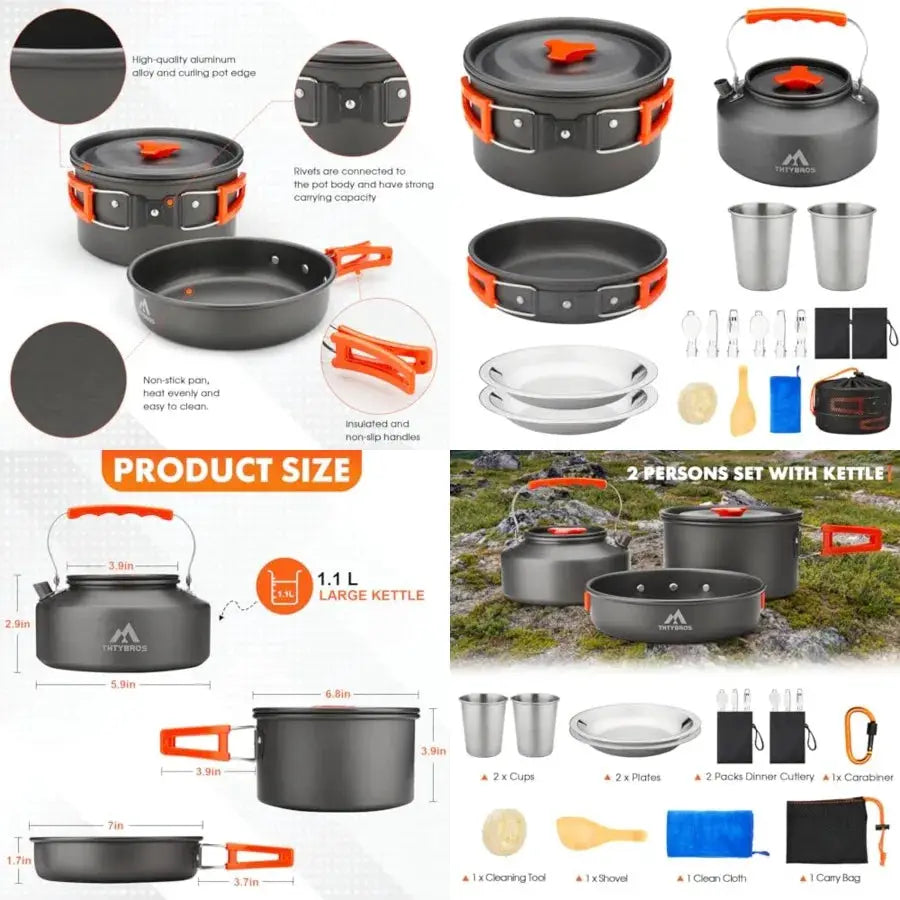 Camping Cookware Kit, 0.45Gal Pot, 7Inch Pan, 0.30Gal Kettle Set with 2 Set Stainless Steel Cups Plates Forks Knives Spoons for from PriceLows™