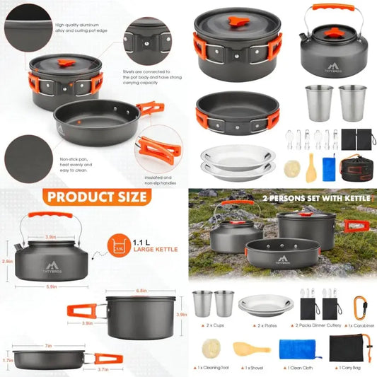 Camping Cookware Kit, 0.45Gal Pot, 7Inch Pan, 0.30Gal Kettle Set with 2 Set Stainless Steel Cups Plates Forks Knives Spoons for from PriceLows™