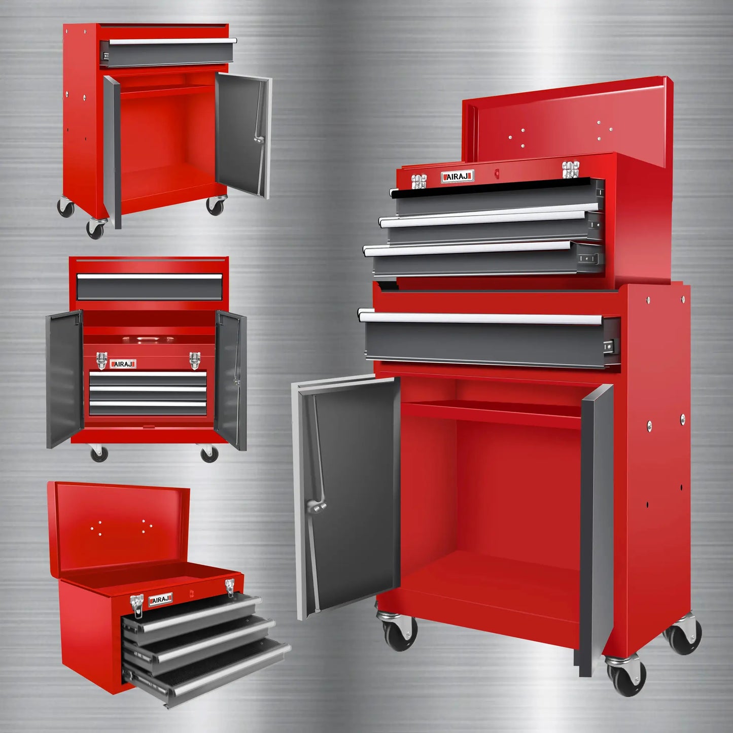 Double door four drawer rolling tool chest, lockable detachable top large tool cabinet, padded metal toolbox from PriceLows™