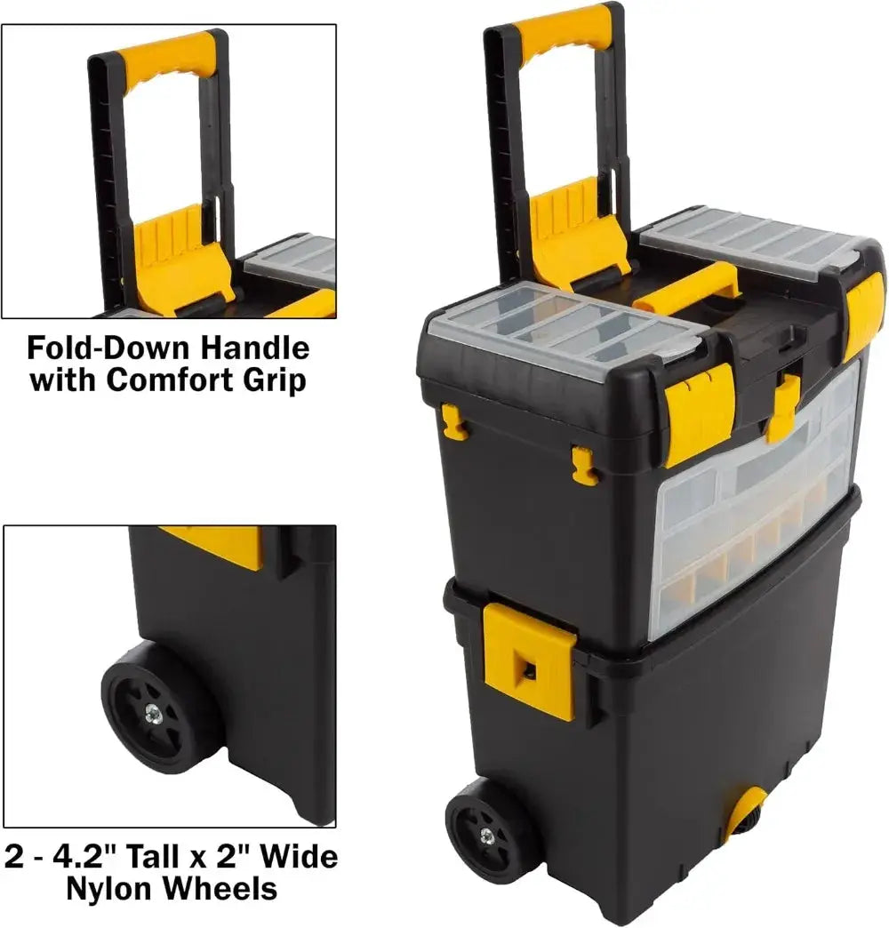 Rolling Tool Box with Wheels, Foldable Handle, Removable Top – Tool Storage Organizer from PriceLows™
