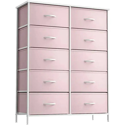 Dresser with 10 Drawers - Pink Storage Unit Organizer Chest for Clothes - Bedroom Nursery Closet 34 x 12 x 47 inches from PriceLows™
