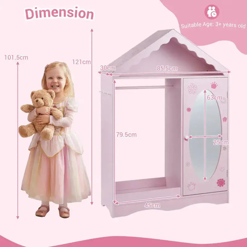 Kids Dress Up Storage with Mirror Roofed Wardrobe Closet with Open Hanging Rack-Pink from PriceLows™