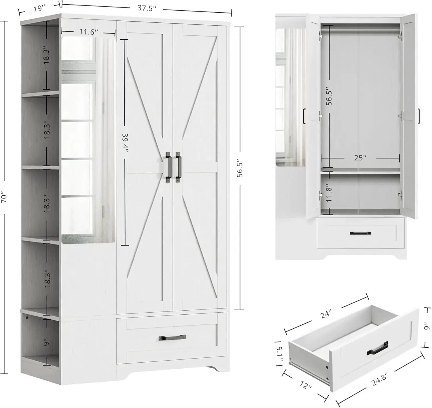 70" Tall Wardrobe Closet with Mirror, Side Shelves & Drawer, Freestanding Armoire with Hanging Rod, Barn Door Storage Cabinet, White from PriceLows™