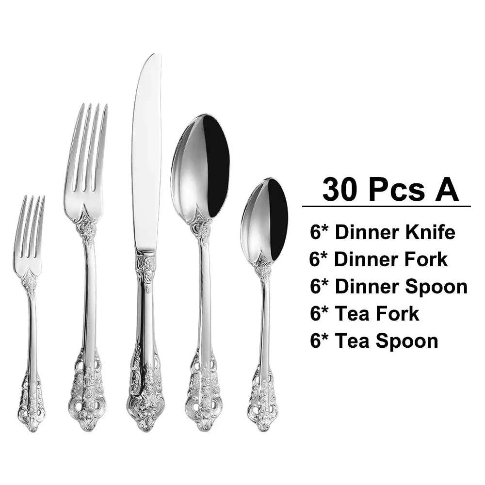 30 Pieces Gold Plated Luxury Cutlery Set Stainless Steel Vintage Western Tableware Sliver Knife Spoon Fork Set Kitchen Utensils from PriceLows™