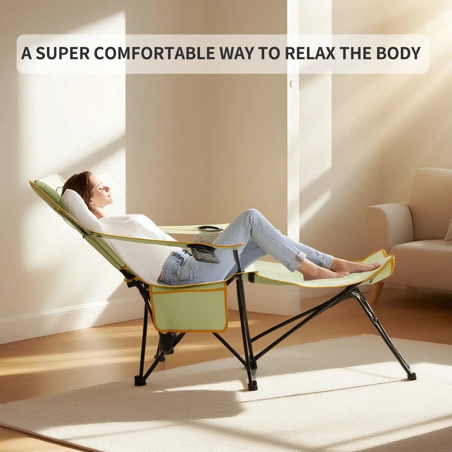 YOUNG WOOD 2-in-1 Reclining Camping Chair with Footrest, Foldable Outdoor Lounge Chair with Cup Holder & Headrest, Portable from PriceLows™