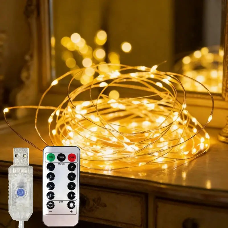 USB LED Fairy Lights Copper/Silver Wire String Lights with Remote Control Wedding Garland for Christmas Tree Bedroom Decoration from PriceLows™