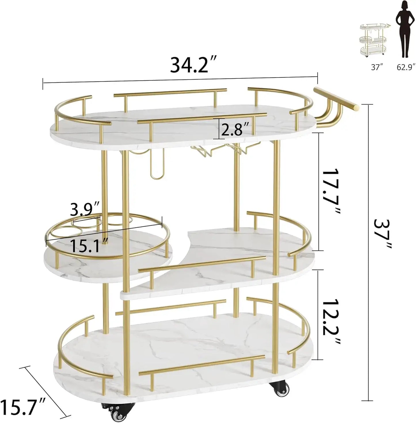 Gold Bar Carts with 4-Tiers Storage Shelves Mobile Bar Seving Carts On Wheels with Wine Rack and Glass Holder for Kitchen from PriceLows™