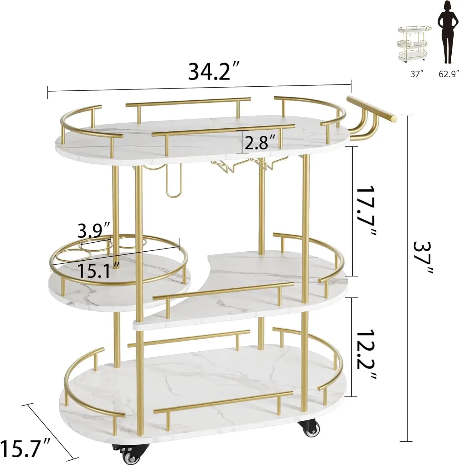 Gold Bar Carts with 4-Tiers Storage Shelves Mobile Bar Seving Carts On Wheels with Wine Rack and Glass Holder for Kitchen from PriceLows™