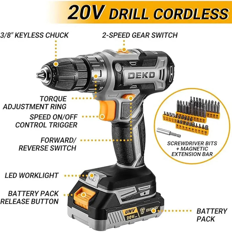 DEKO 20V cordless drill kit with battery, men's drill, manual repair, basic toolbox, suitable for household tools from PriceLows™
