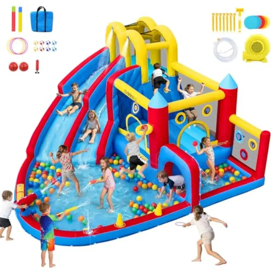 Outdoor and indoor inflatable bounce house with double water slide 620 W blower 12-in-1 waterslide park large pool climbing wal from PriceLows™