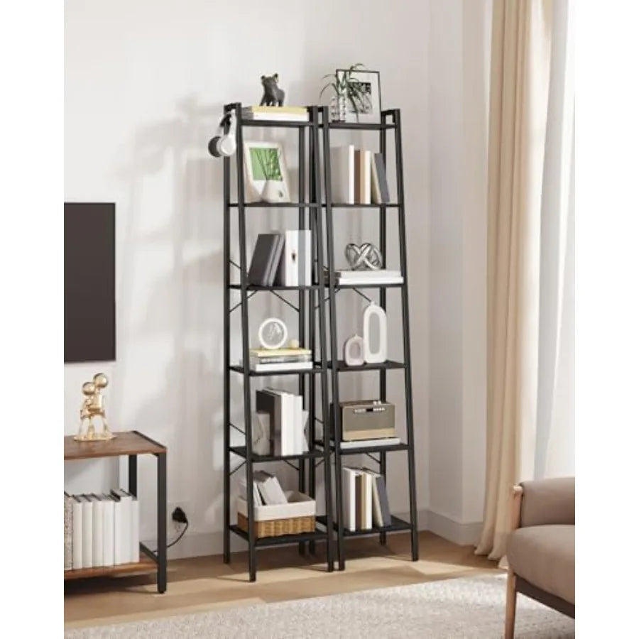 Ladder Shelf, Bookshelf Bookcase, Freestanding Corner Storage Shee with 2 Hooks for Home Office, Living Room, Kitchen, Bedroom, from PriceLows™