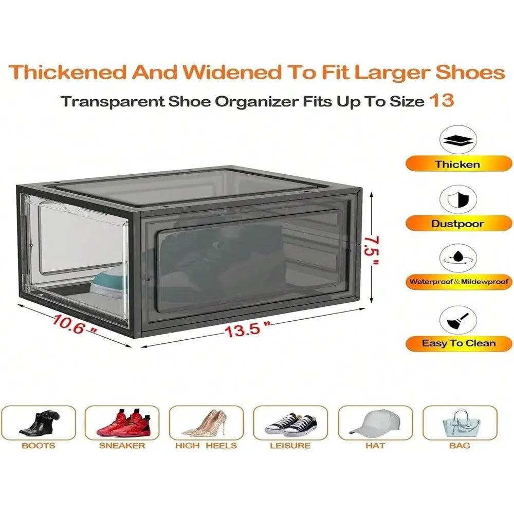 6 Pack Large Plastic Shoe Storage Boxes Stackable Magnetic Door Dustproof Organizer for Men/Women Sports Shoes up to Size 13 from PriceLows™
